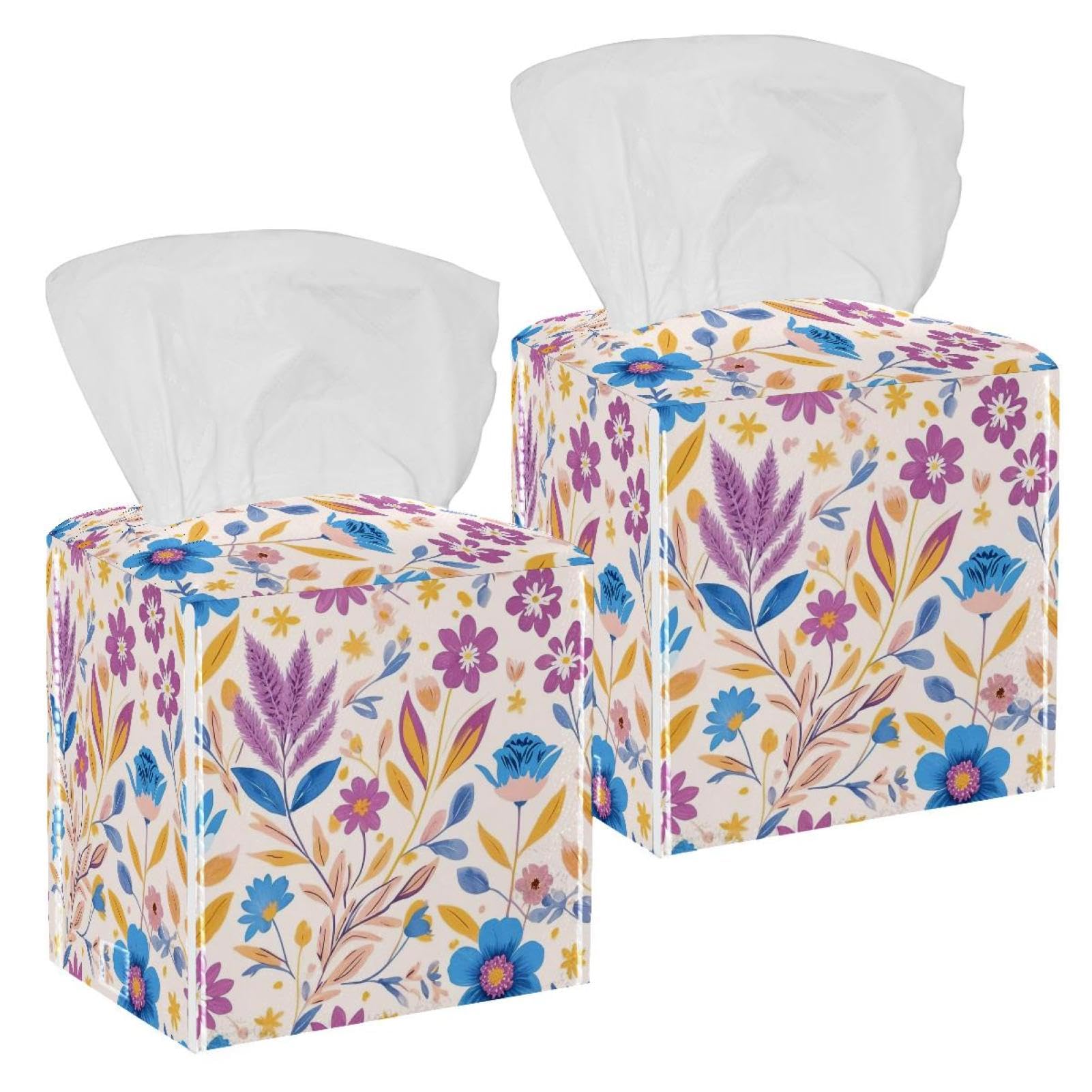 Aesthetic Flowers Tissue Box Cover, 2 Pack PU Leather Square Facial Tissue Dispenser Box holder for Home Office Car
