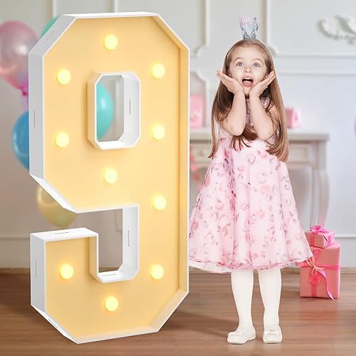 Números iluminados de marquesina de 4 pies, montaje rápido, número de marquesina grande para decoraciones de cumpleaños de 9 y 90 años, marco de