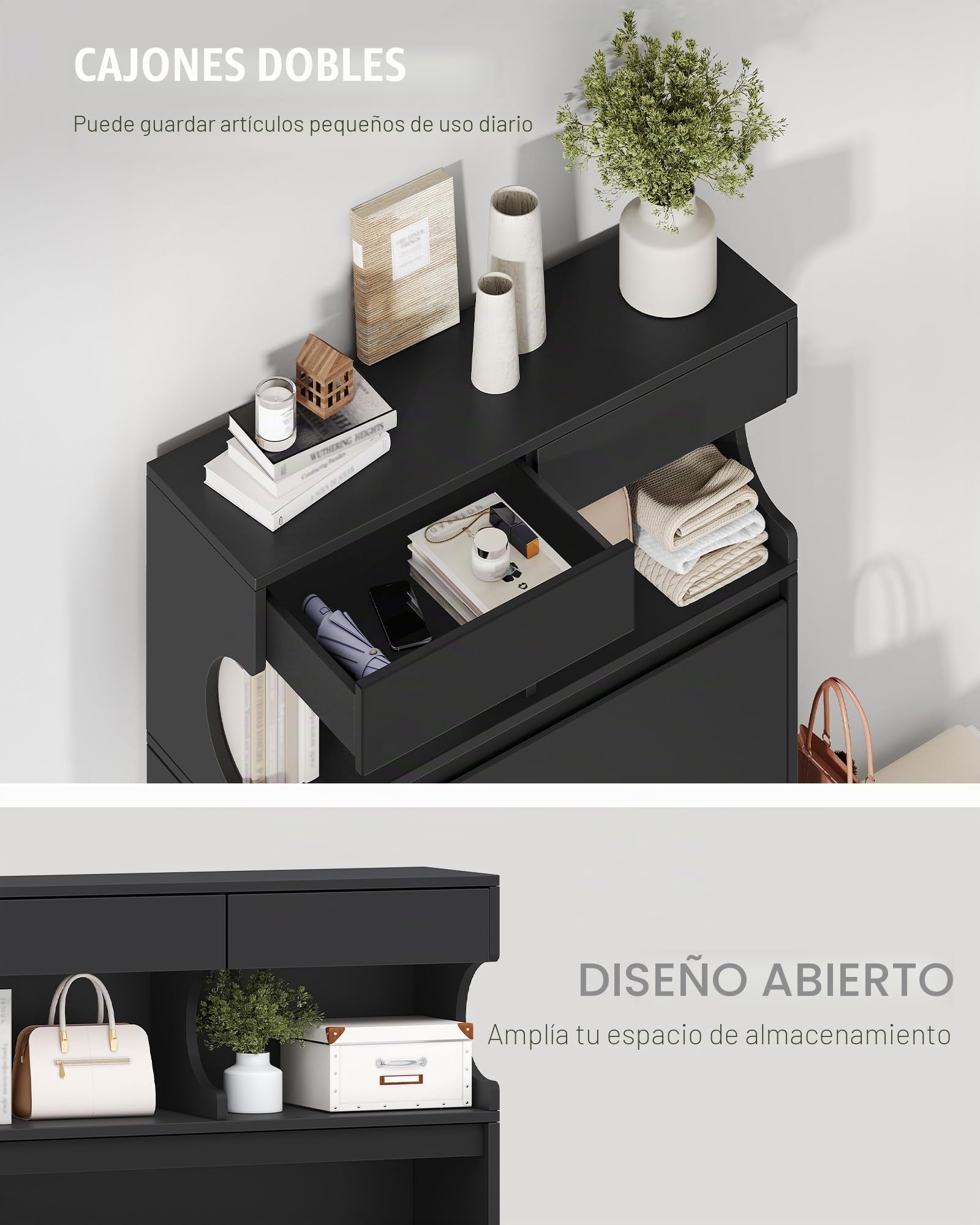 Hzuaneri Mueble Zapatero Madera, Estrecho Zapatero Entrada Recibidor, 2 Puertas y Estantes Ajustables para 16 Pares Armario, 2 Cajones, 24,5 x 80 x 124,5 cm, Negro SR45306X