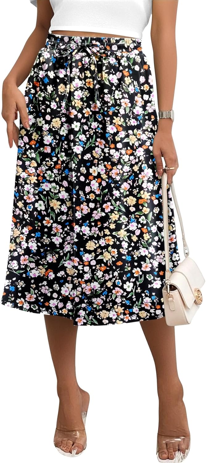 Angerella Womens Skirt Midi High Waist A-Line Casual Floral Print Trendy Bohemia Work Elegant with Pockets - Image 5