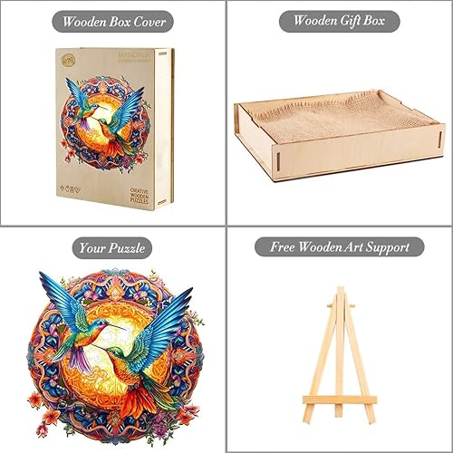 Miniatura 3 de Funnli Rompecabezas de madera para adulto, 200 piezas de mandala colibríes, rompecabezas de madera de 11.8 x 11.8 pulgadas con caja, colección de