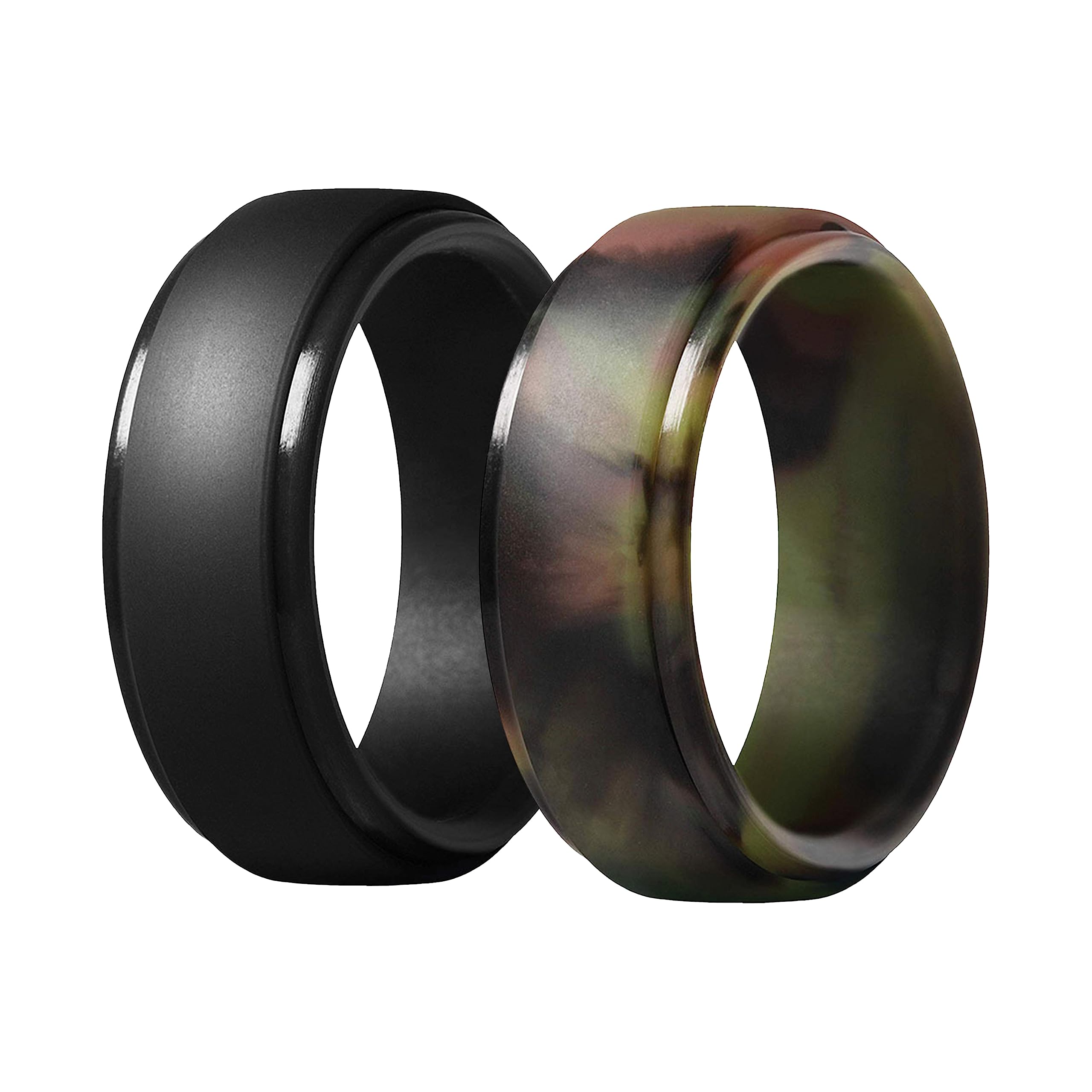 Silicone Rubber Rings Men - Pack of 2 | Camo Silicone Wedding Bands for Him | 8mm, Silicone Wedding Band Men | Black Mens Wedding Band | Step Edge Rings for Men