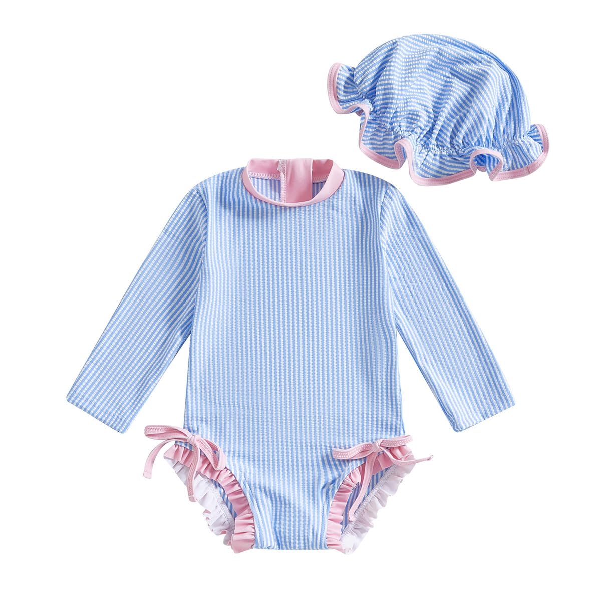 JENJON Traje de Baño a Rayas para Bebé Niña con Volantes Mangas Lindo Floral Traje de Baño de Una Pieza con Cremallera Protección UV y Gorro de Playa Verano — view 11