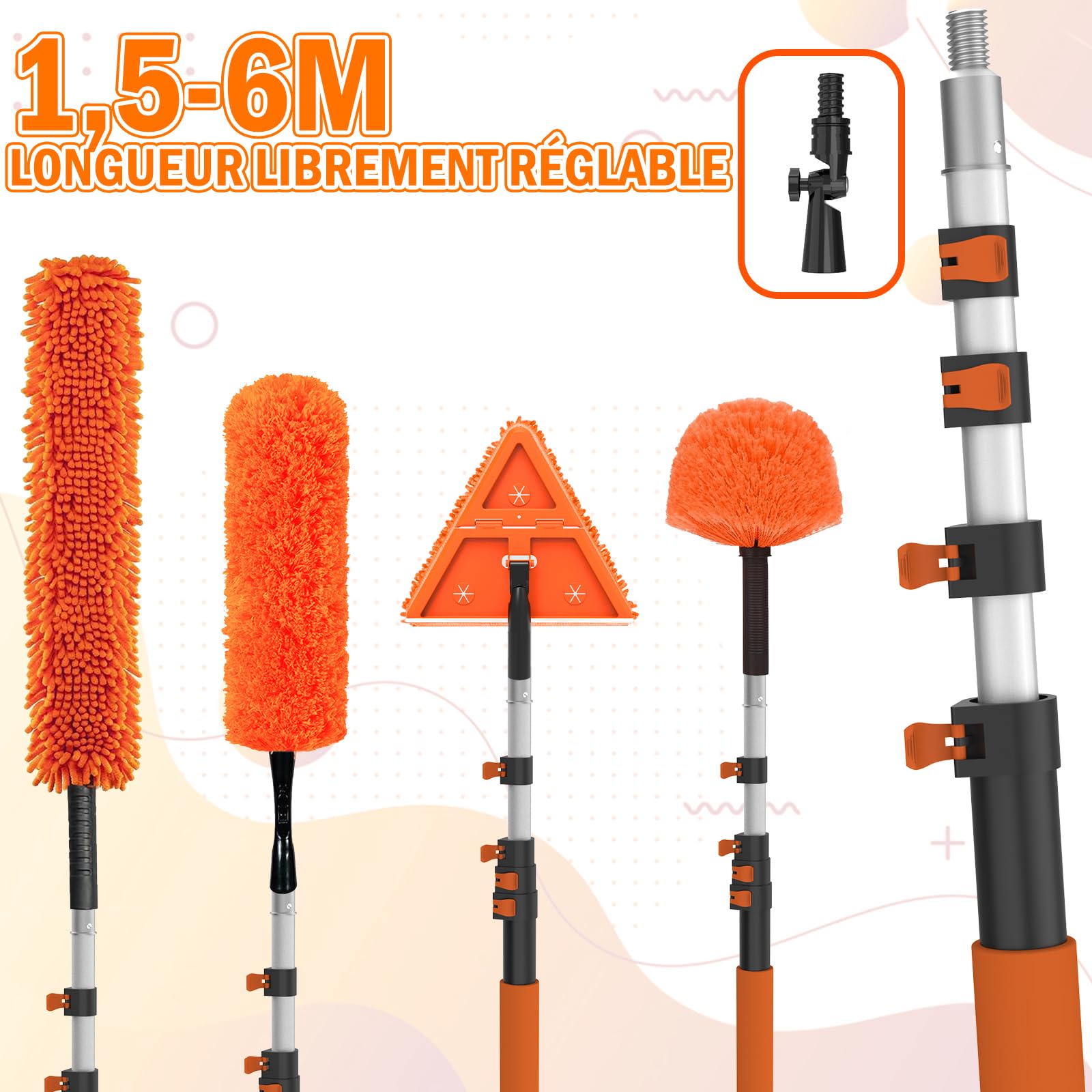 LAANPOLE Plumeau Poussiere avec 6m Perche Telescopique, Nettoyeur de Murs et Plafond, Tete de Loup de Ventilateur de Plafond, 2-en-1 Raclette Vitre Professionnel