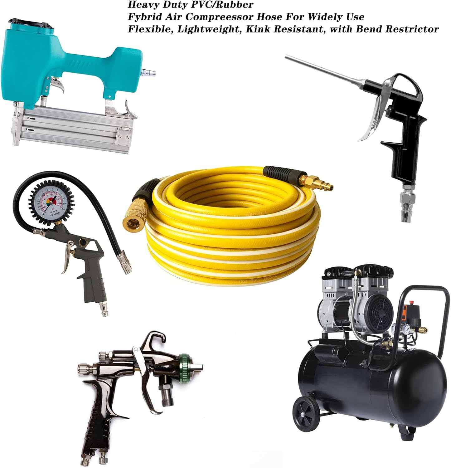 Air Hose 1/4 in x 50 ft, Heavy Duty, Lightweight, Kink Resistant, Hybrid Air Compressor Hose with 1/4 in Solid Brass Male Fittings, Bend Restrictors, 300 PSI (50FT, Yellow White)
