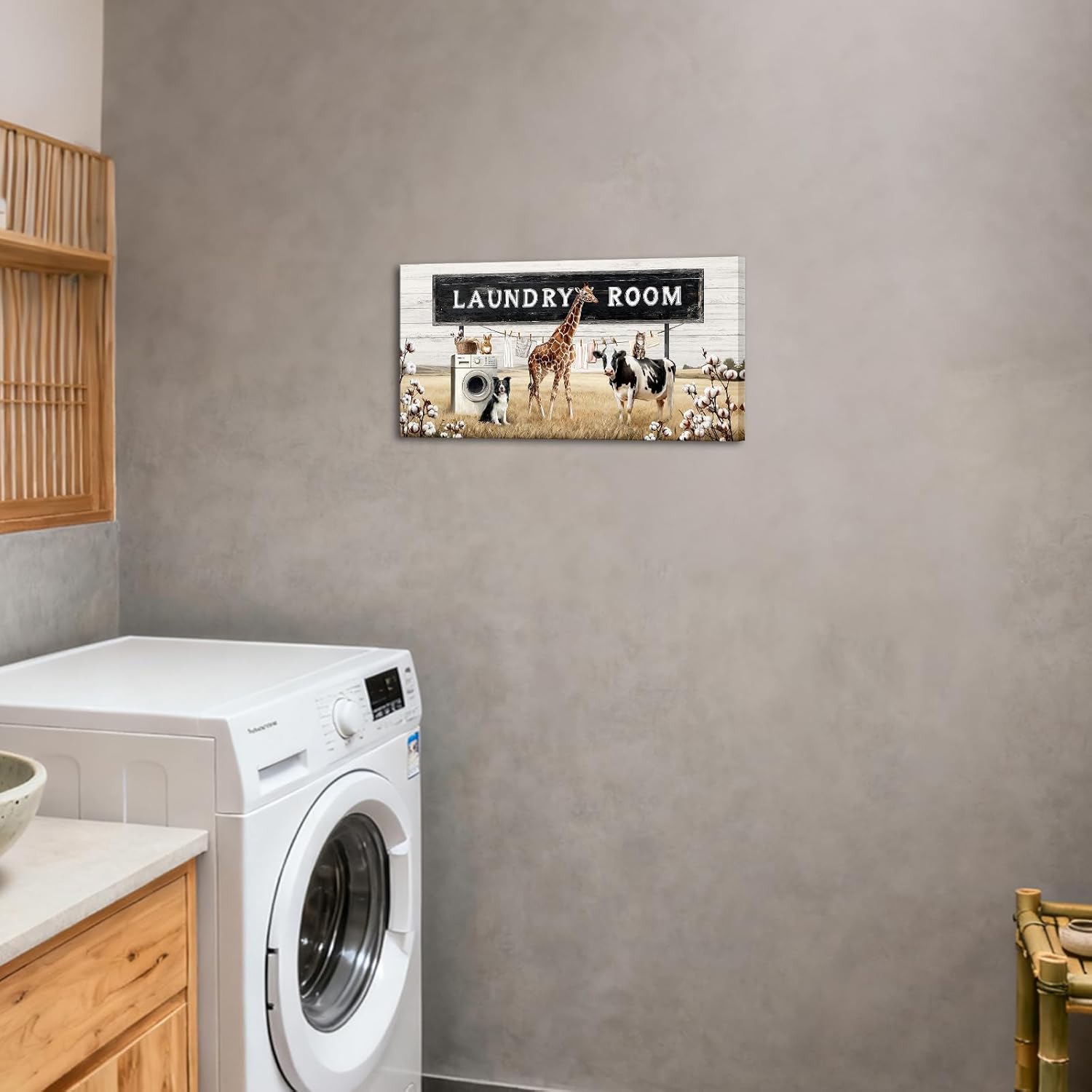 HOMEOART Laundry Room Decor Sign, 24"x12" Framed Canvas Wall Art Laundry Wall Decor Rustic Farmhouse Animals Picture Print