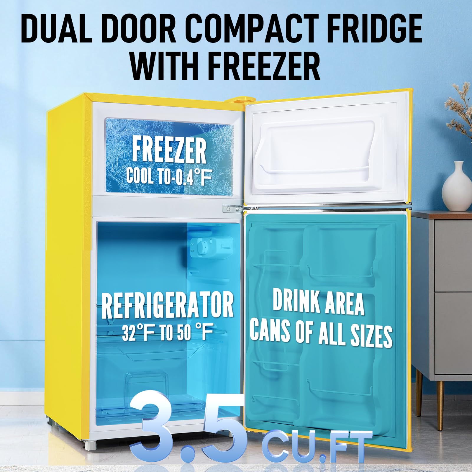 WANAI 2 Door 2 Handle Mini Refrigerator with Freezer-on-top, Spacious 3.5 Cubic Feet Capacity Small Fridge with 7-Level Adjustable Thermostat & 2 Removable Shelves Yellow on Fridge.com