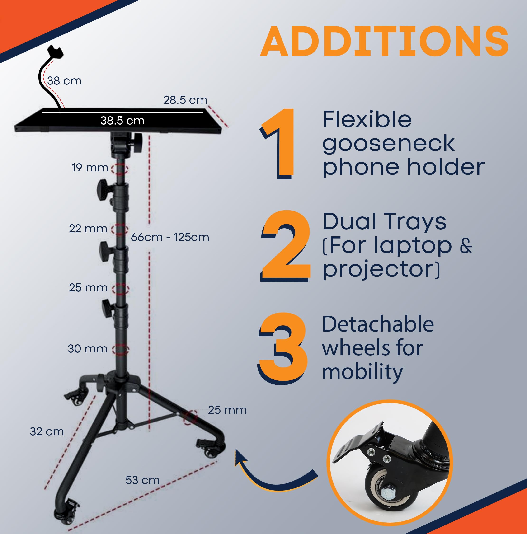 Prozipy Laptop & Projector Tripod Stand Adjustable Height 26 to 51” Wheely Portable Laptop Stand With Gooseneck Phone Holder - For Movie, Meeting, Book, DJ Equiqment