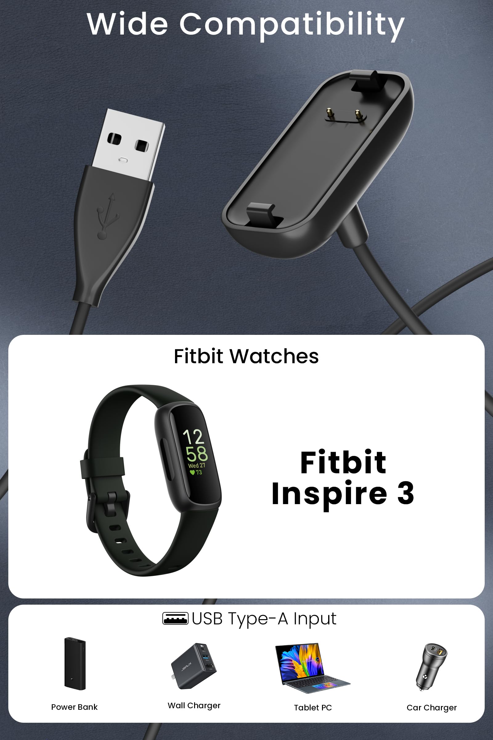 Feysentoe Cavo Di Ricarica Compatibile Con Fitbit Inspire 3 Cable Caricatore Porta USB Cavetto Carica Cavo Caricabatterie USB.1M - Foto 10