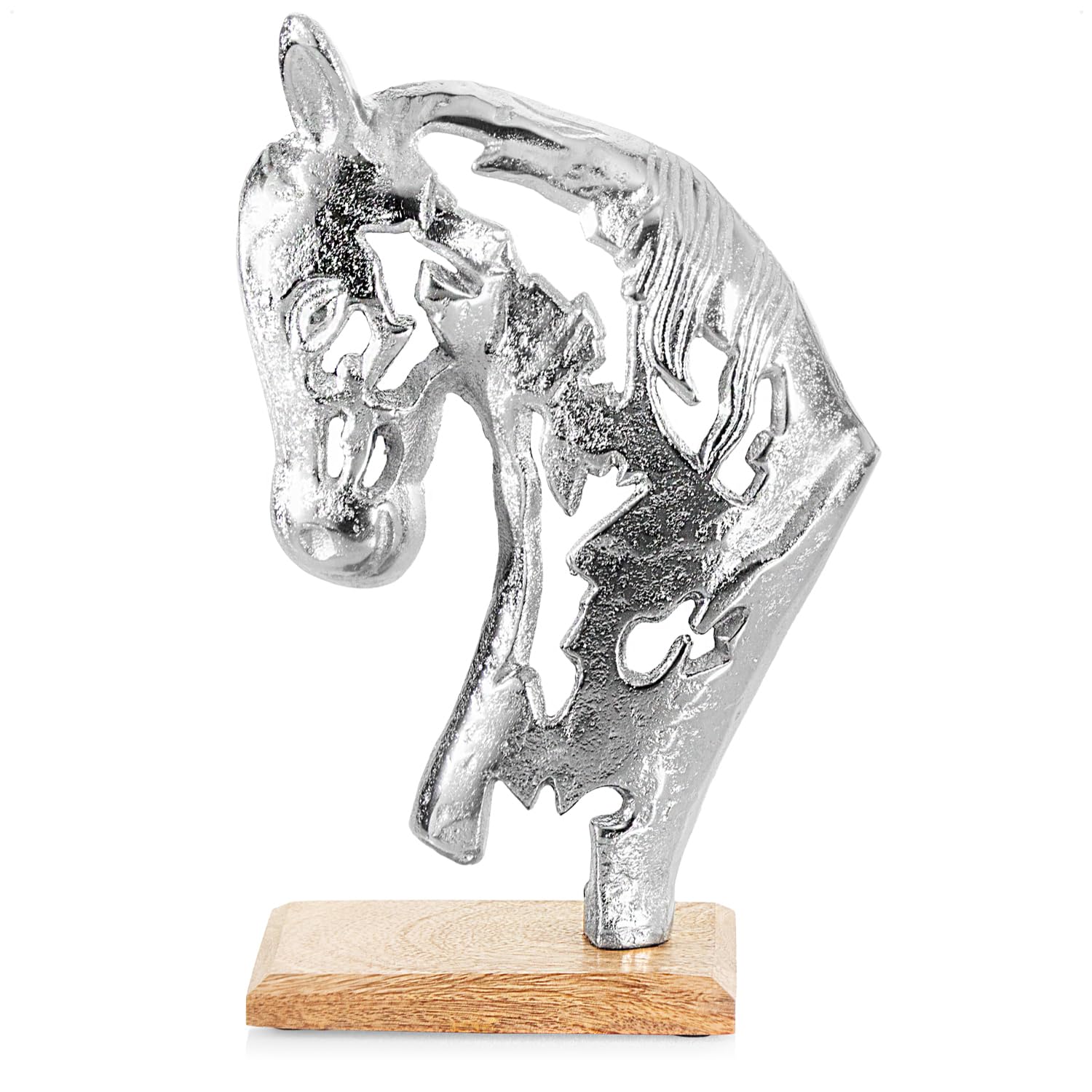 com-four® Soporte de Caballo Decorativo de Primera Calidad - Estatua escultórica de 20 x 32 cm Hecha de Aluminio niquelado sobre una Base de Madera de Mango (Color Plateado - Caballo)