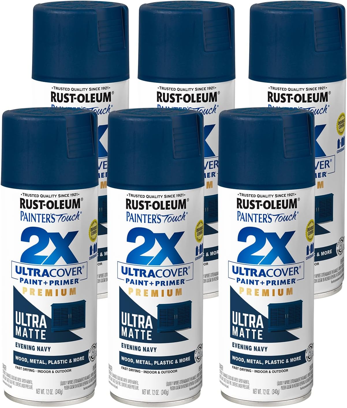 Rust-Oleum 331183-6PK Painter's Touch 2X Ultra Cover Spray Paint, 12 oz, Ultra Matte Evening Navy, 6 Pack