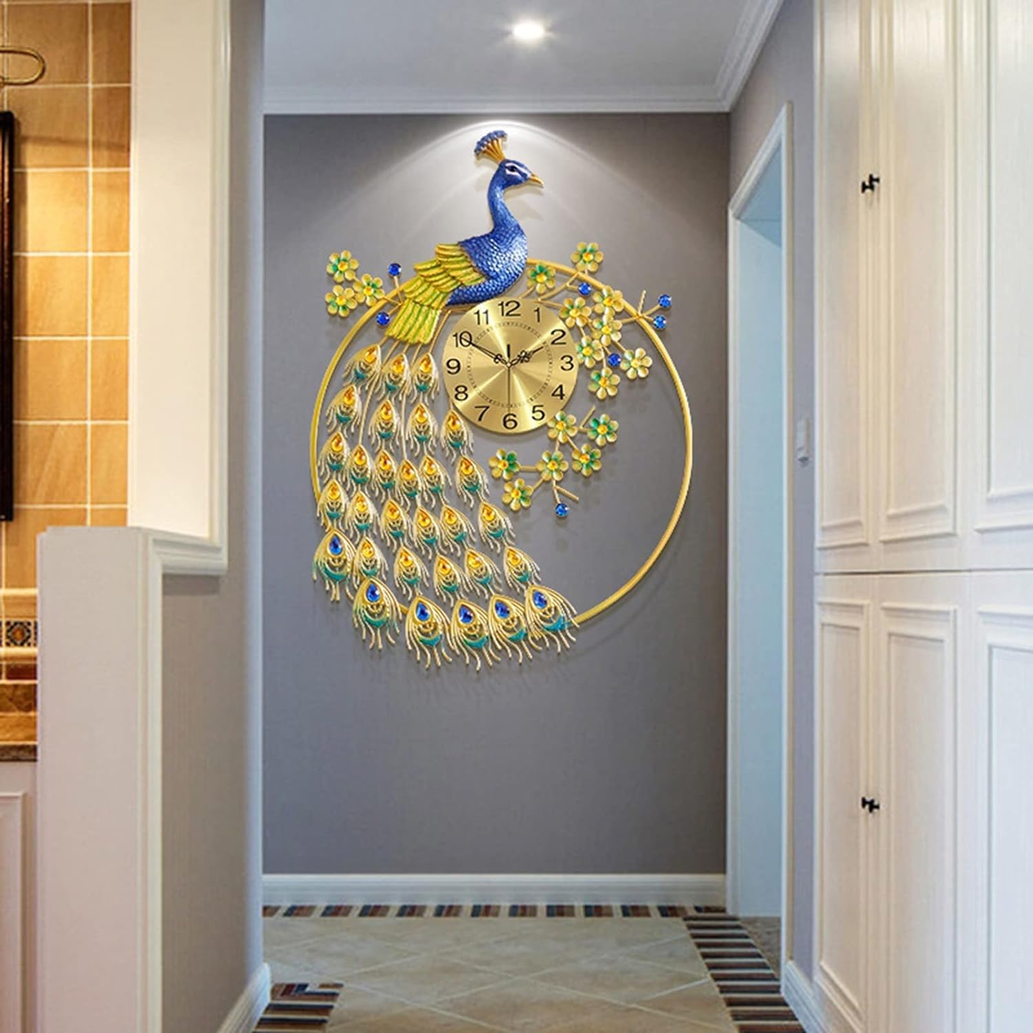 SaryEdge Wall Clock Modern Art Wall Clock Large Peacock Wall Clock for Living Room Decoration, 32 Inch Metal Silent Art Clock, Operated Quartz Clocks Wall Decor Clock,