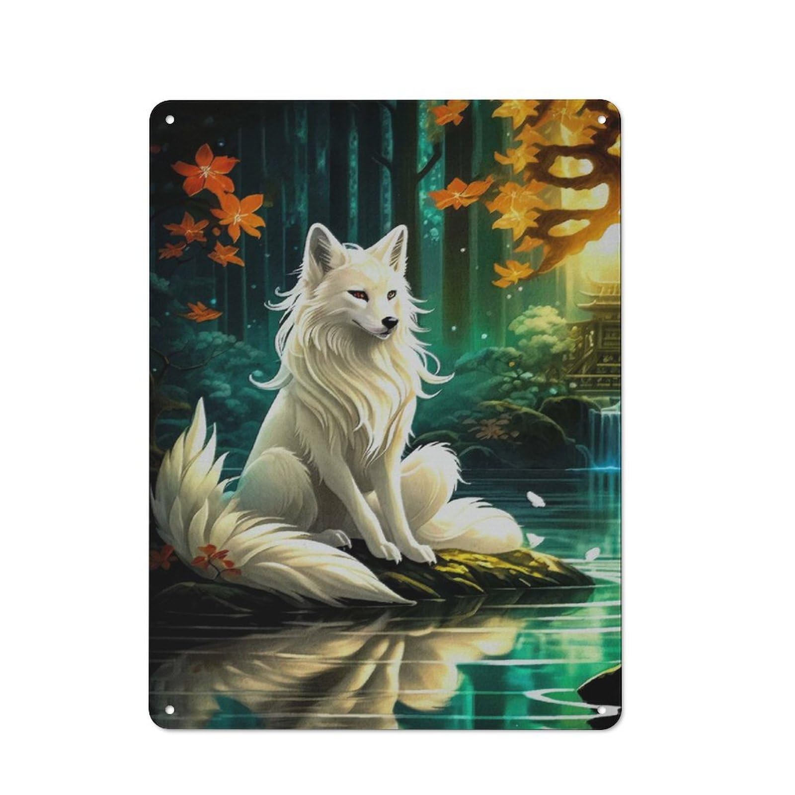 Junmoney Style-22 40X30cm Retro Tin Sign With Sakura Kitsune Fox For Lounge Or Reading Corner, A Decorative Metal Sign For Lounges And Reading Corners