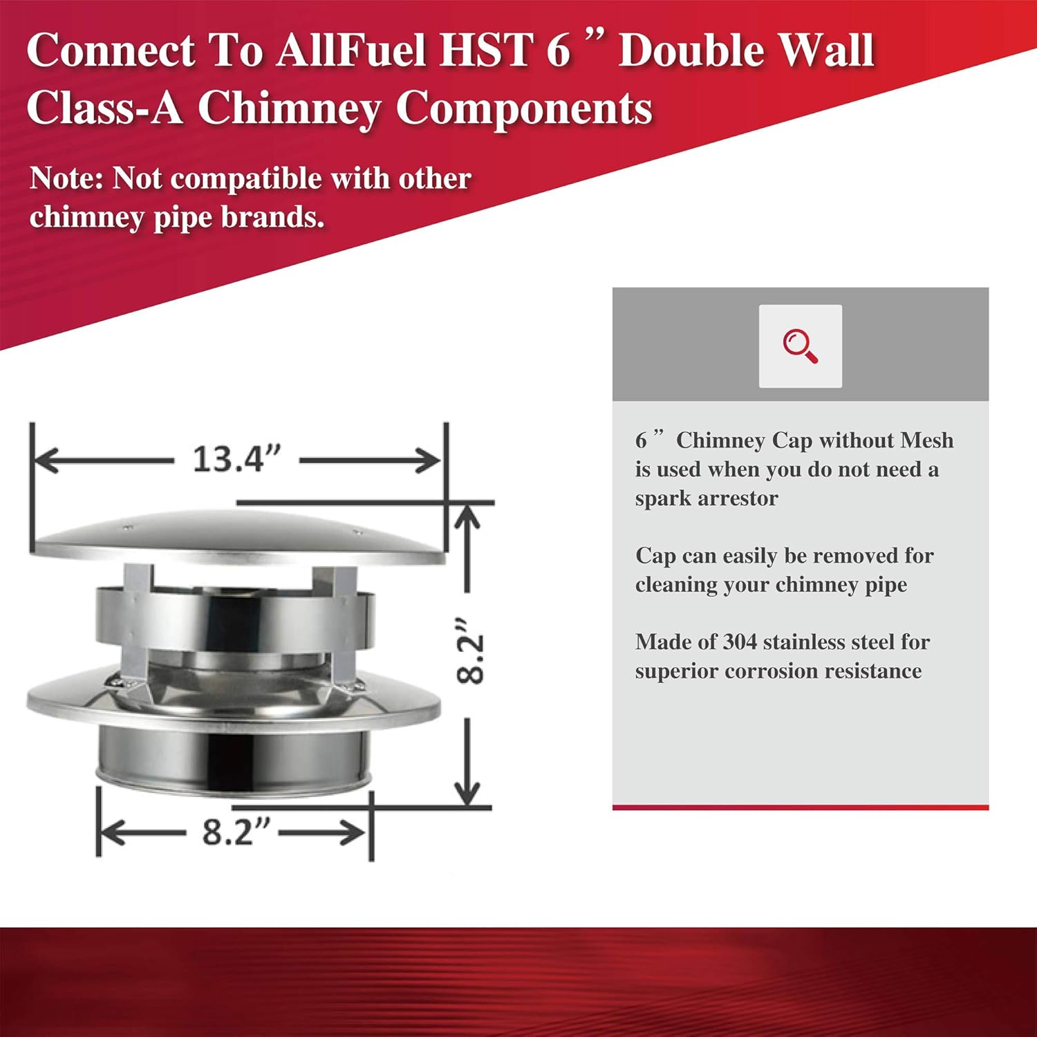 Flat Top Rain Cap for 6" Diameter 304 Stainless Steel All Fuel Class-A Double Wall Insulated Chimney Pipe