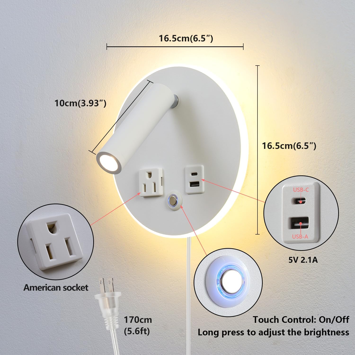 LED Round Wall Lamp Dimming Wall Mounted Reading Lights, Adjustable Headboard Plug in Wall Sconce with USB+USB C Ports, Headboard Bedside Lamp with 6W+3W Night Light 3000K (White)