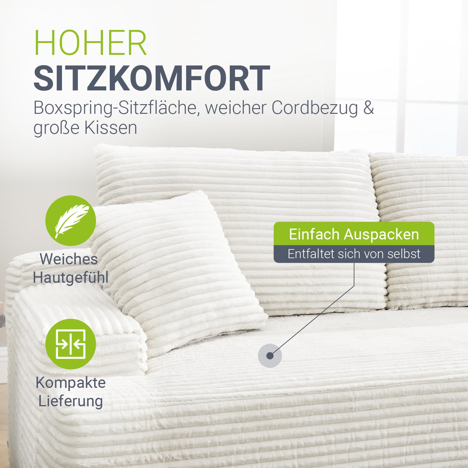 Juskys Sofa Coredo - modernes Cord Sofa mit Ottomane rechts, gemütliche Couch mit Schaumstoffpolsterung, Cordbezug & Kissen, modular - Creme