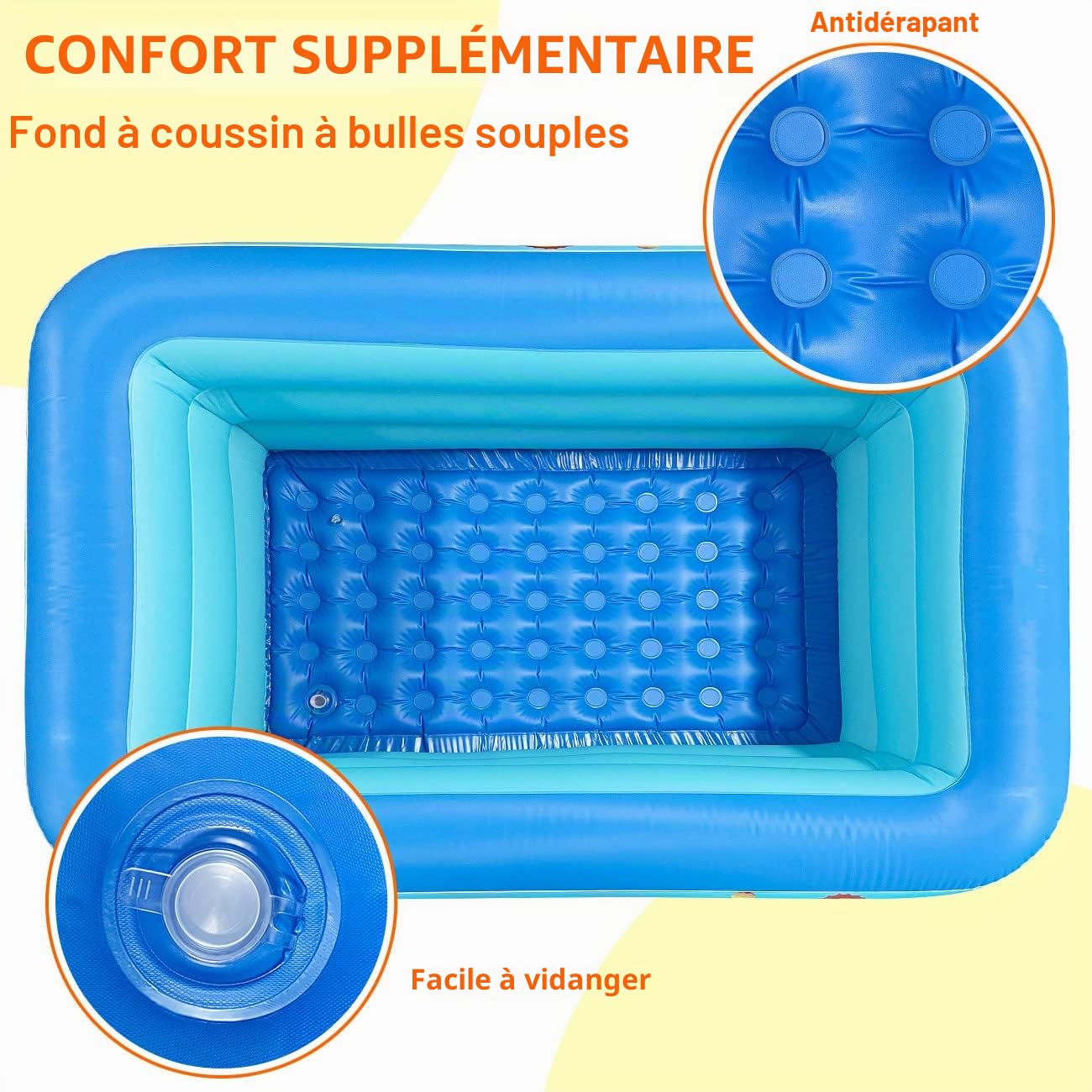Jiosdo Grande piscine familiale gonflable pour enfants - 150 cm - Rectangulaire - Avec fond souple et gonflable - Pour l'été - Pour le plaisir de l'eau - Bleu