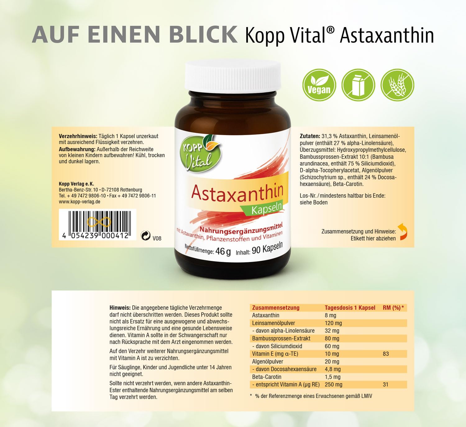 KOPP Vital® Astaxanthin Kapseln, 1 x 90 Kapseln, 46 g