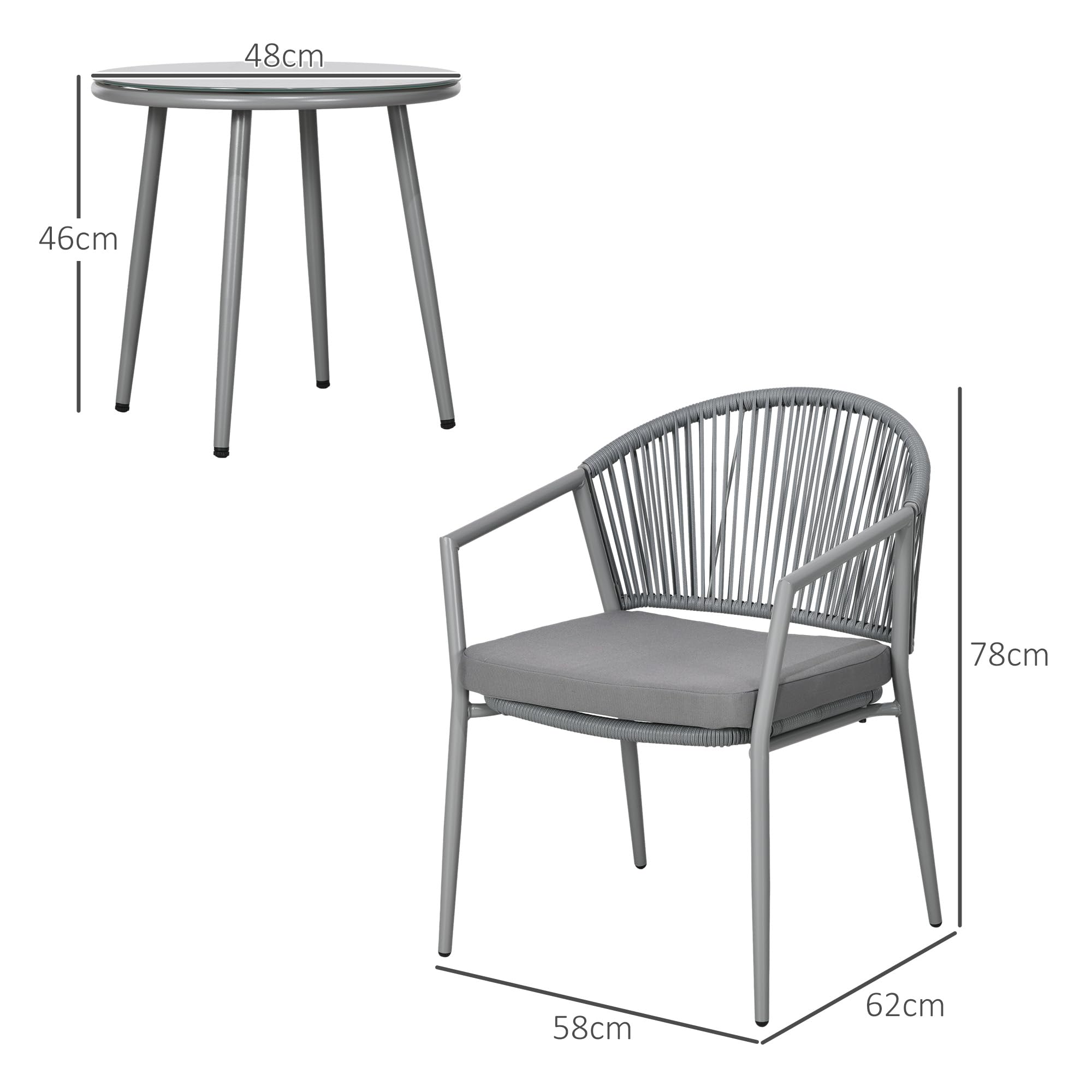 Outsunny 3-TLG. Rattan Bistroset, Sitzgruppe, Gartengarnitur mit 2 Gartensesseln, Couchtisch, Balkonmöbel-Set für Garten, Terrasse, Stahl, Grau