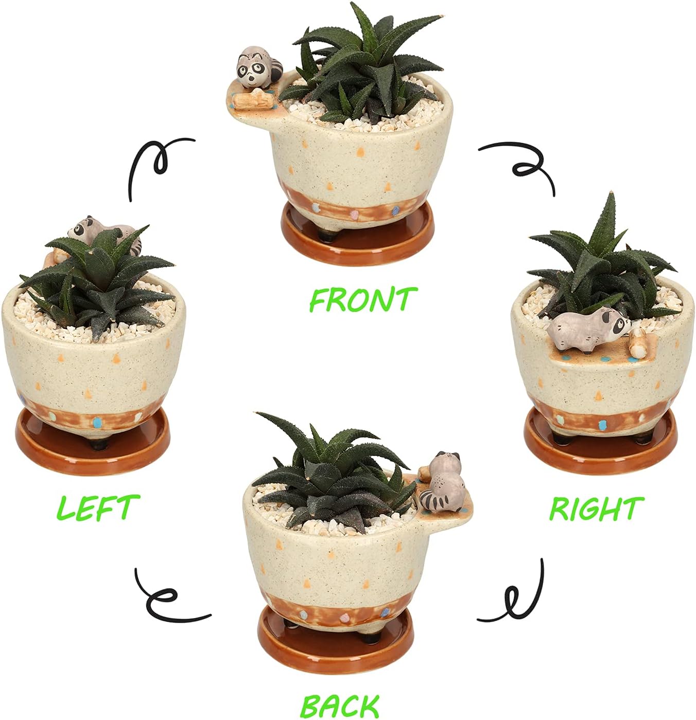 Ceramic Succulent Planter Small Pot with Drainage Hole and Tray for Cactus Flower Plant Container Shelf Home Office Desk Decoration (Raccoon)
