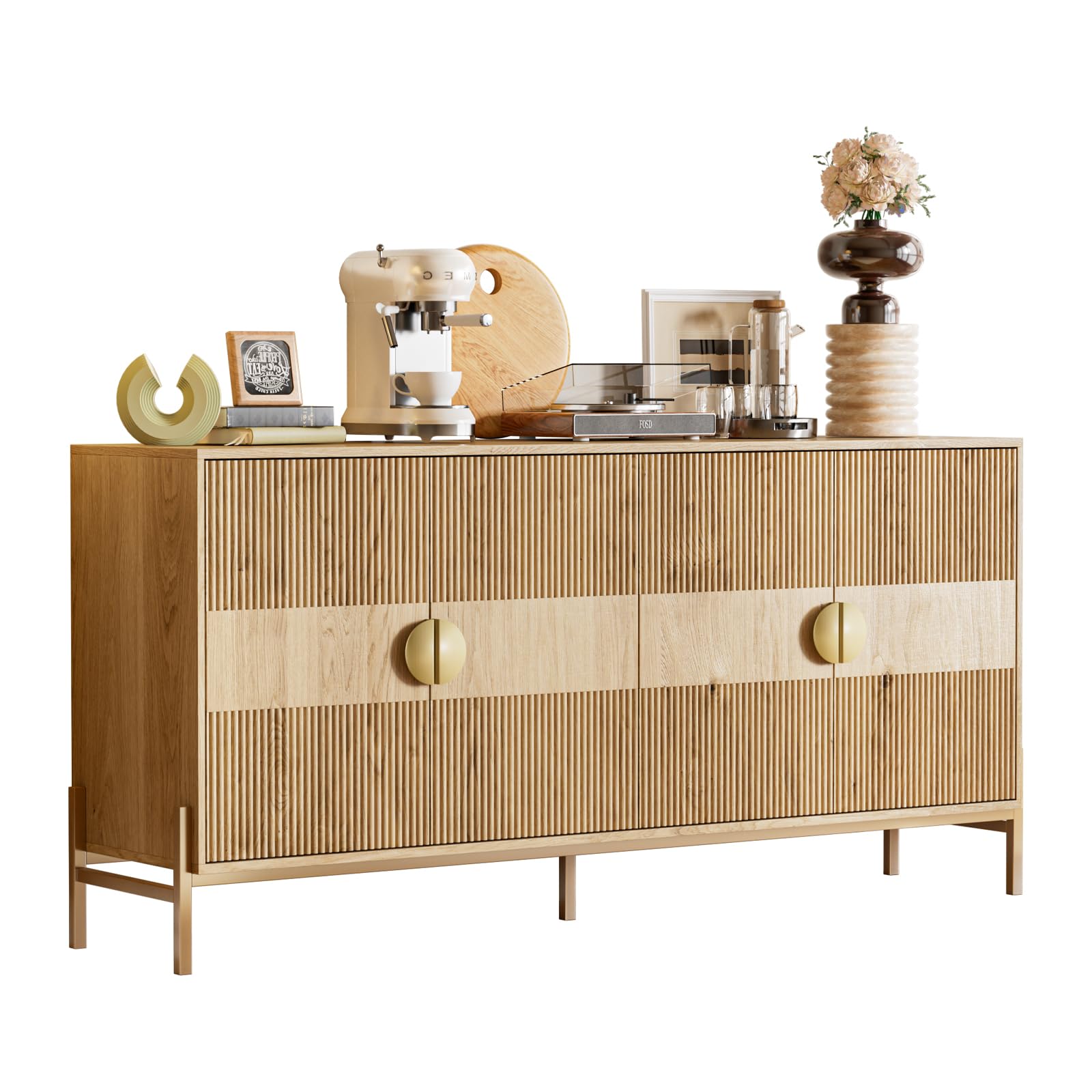 Geriffelter Buffetschrank mit Stauraum, Sideboardschrank mit 4 Türen und verstellbaren Regalen, Boho-Kaffeebar-Stationstisch, moderner Holzschrank für Küche, Wohnzimmer und Esszimmer