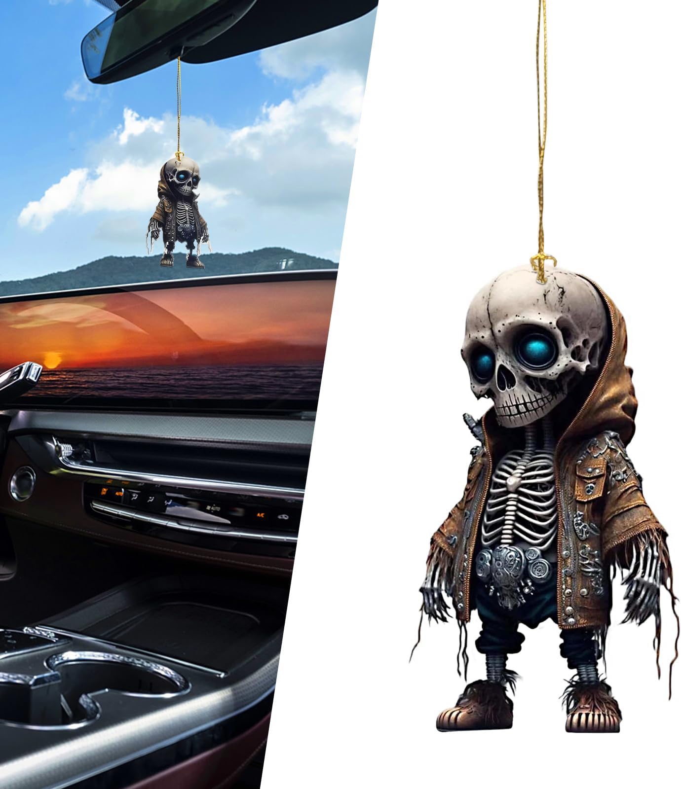 1 PC Car Halloween Rearview Mirror Hanging Ornaments, 2.3" x 3.1" Skull Fashion Clothing Personality Decoration, Acrylic Sun-Proof Cartoon Parts, Universal for Cars Home (Multicolored #2)