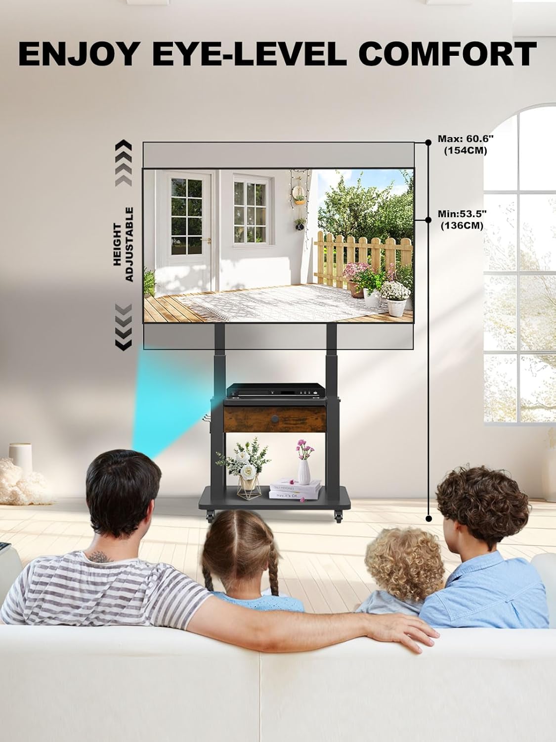 Rolling TV Stand with Fabric Drawer Storage for 32-75 Inch Flat/Curved Screen up to 220lbs LCD/LED/OLED Adjustable Height Mobile TV Cart with Wheels for Home Office Outdoor Max VESA 600x400mm