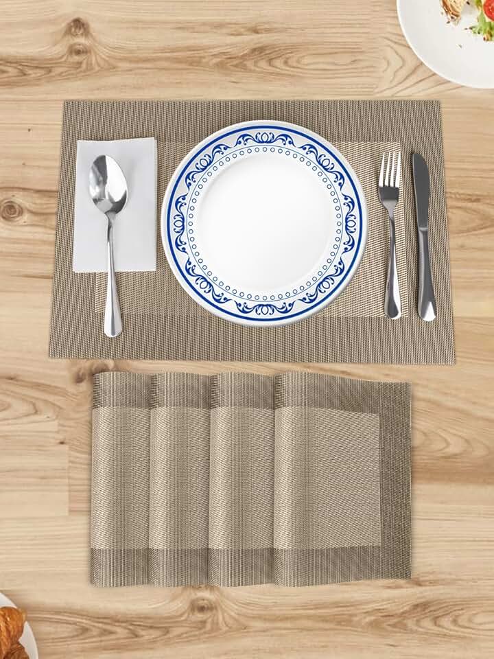 Jogo americano conjunto de 4, tapetes para mesa de jantar de cozinha, tapetes de mesa de PVC laváveis antiderrapantes resistentes ao calor, tapetes de jantar de vinil tecido fáceis de limpar, único