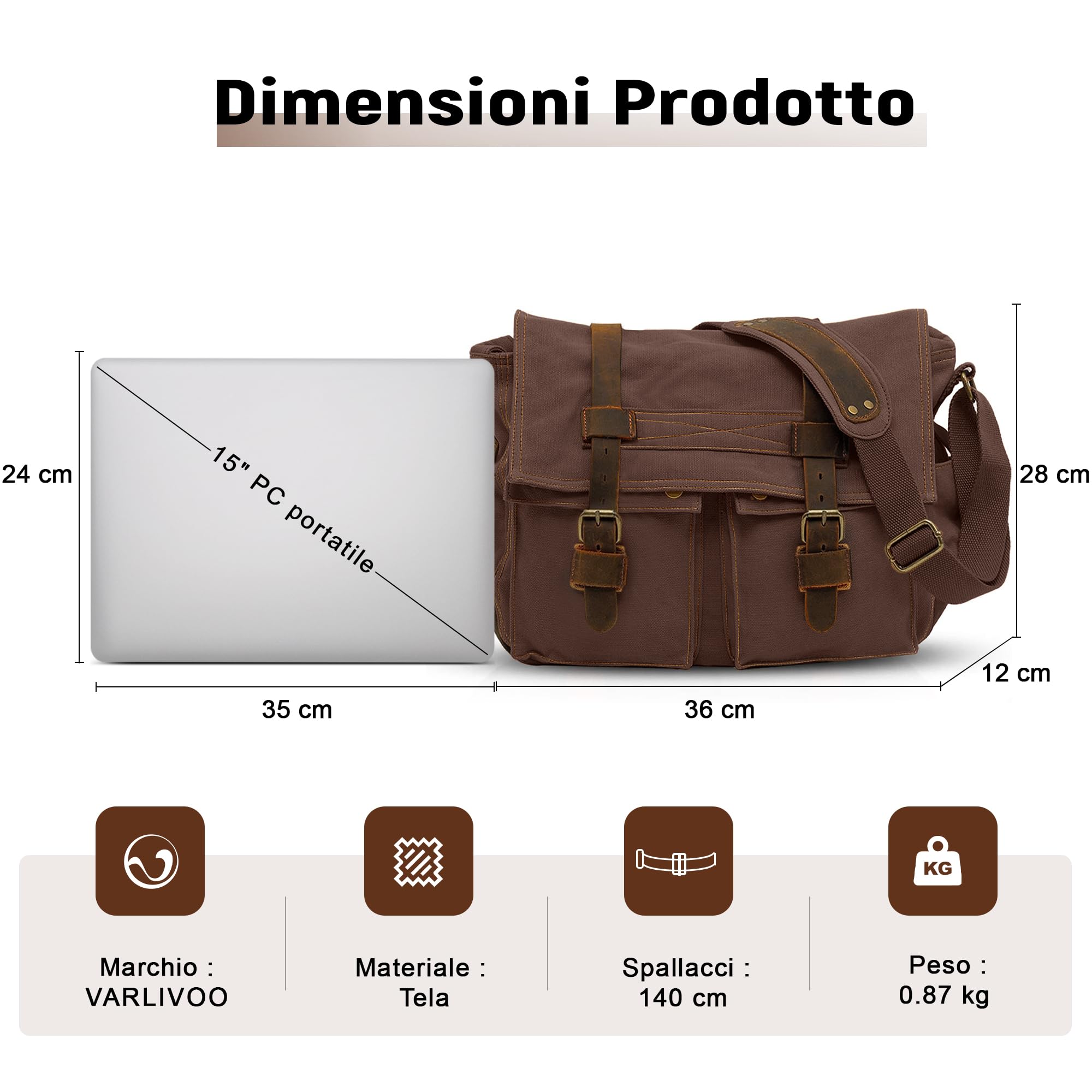 VARLIVOO Uomo Borse a Spalla Borsa a Tracolla da Uomo Messenger Borse14 Laptop Borse Ventiquattr'ore Scuola Viaggio Lavoro Università Tela Marrone B