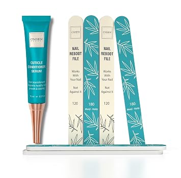 Onsen Secret Cuticle Conditioner Serum 15m + Professional Japanese Nail File Double Sided 120/180 Grit 6pcs. Cuticle Oil Nail Care Serum That Sooth, Repair & Strengthen Cuticles & Nails + 6 Nail Files
