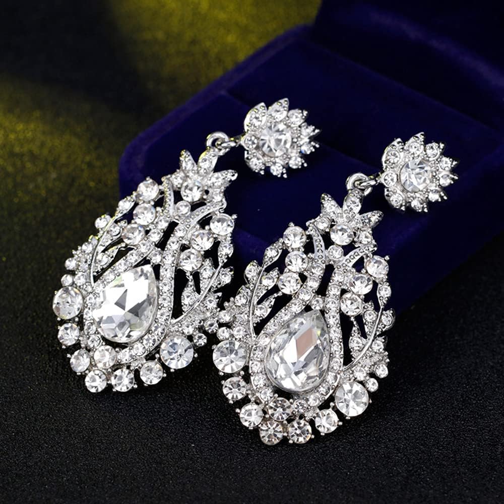 JWICOS Silver Floral Teardrop Wedding Bridal Earrings for Women Brides and Bridesmaids Chandelier Crystal Rhinestones Dangle Drop Earrings - Image 4