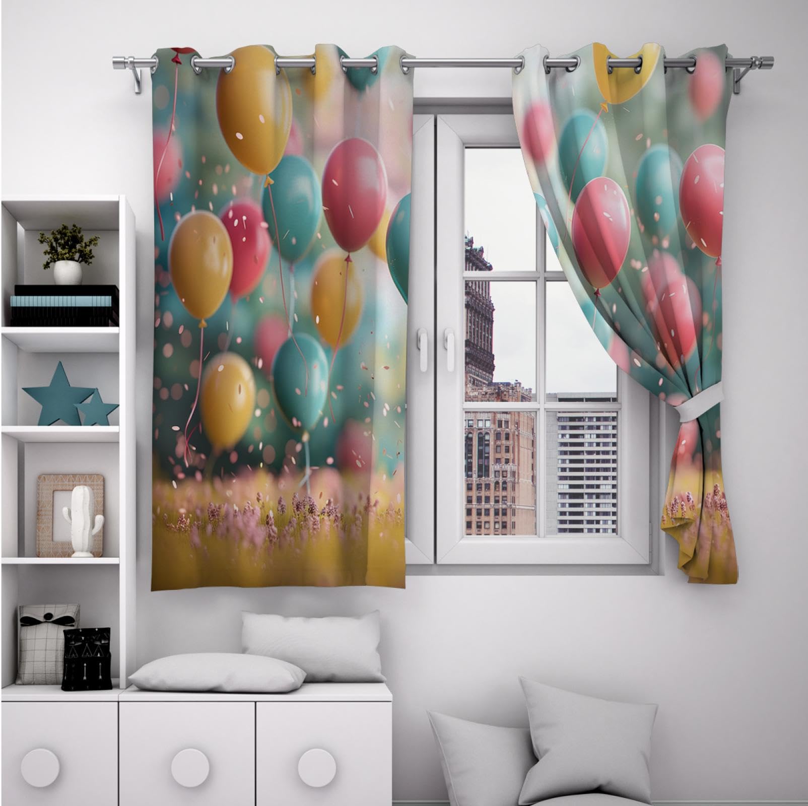 HOBBOY Holiday Theme Blackout Curtains Colored Balloons Pattern Window Drapes Festive Party Divider Curtains for Bedroom Living Room 2 Panels 2X W38xL63in