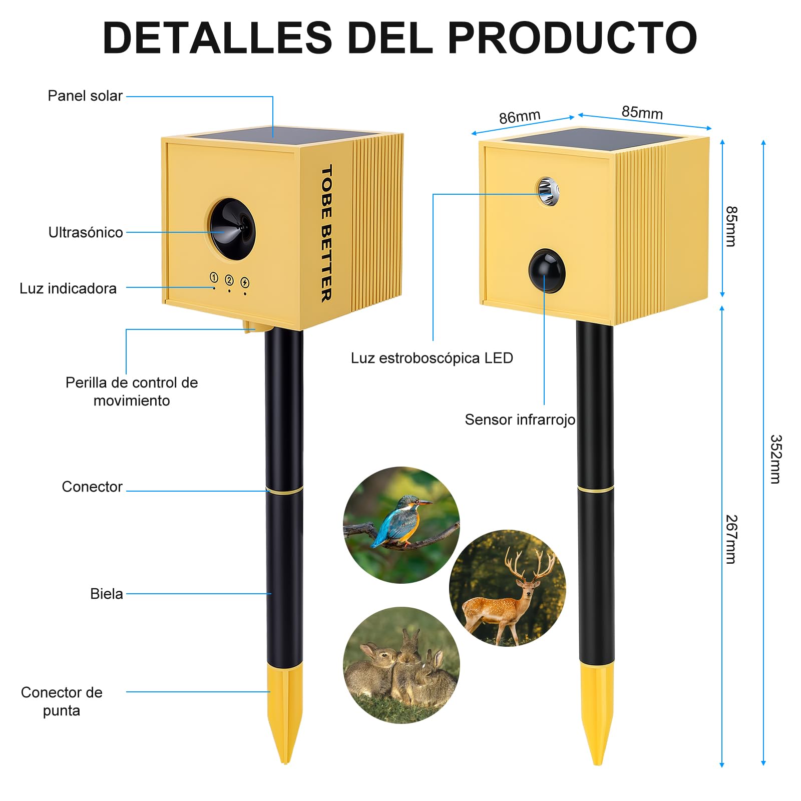 Dissuasore per uccelli e gatti a ultrasuoni solare, sensore di movimento a infrarossi e luce LED, batteria ricaricabile da 1200 mAh, resistente alle intemperie, per giardino, cortile e