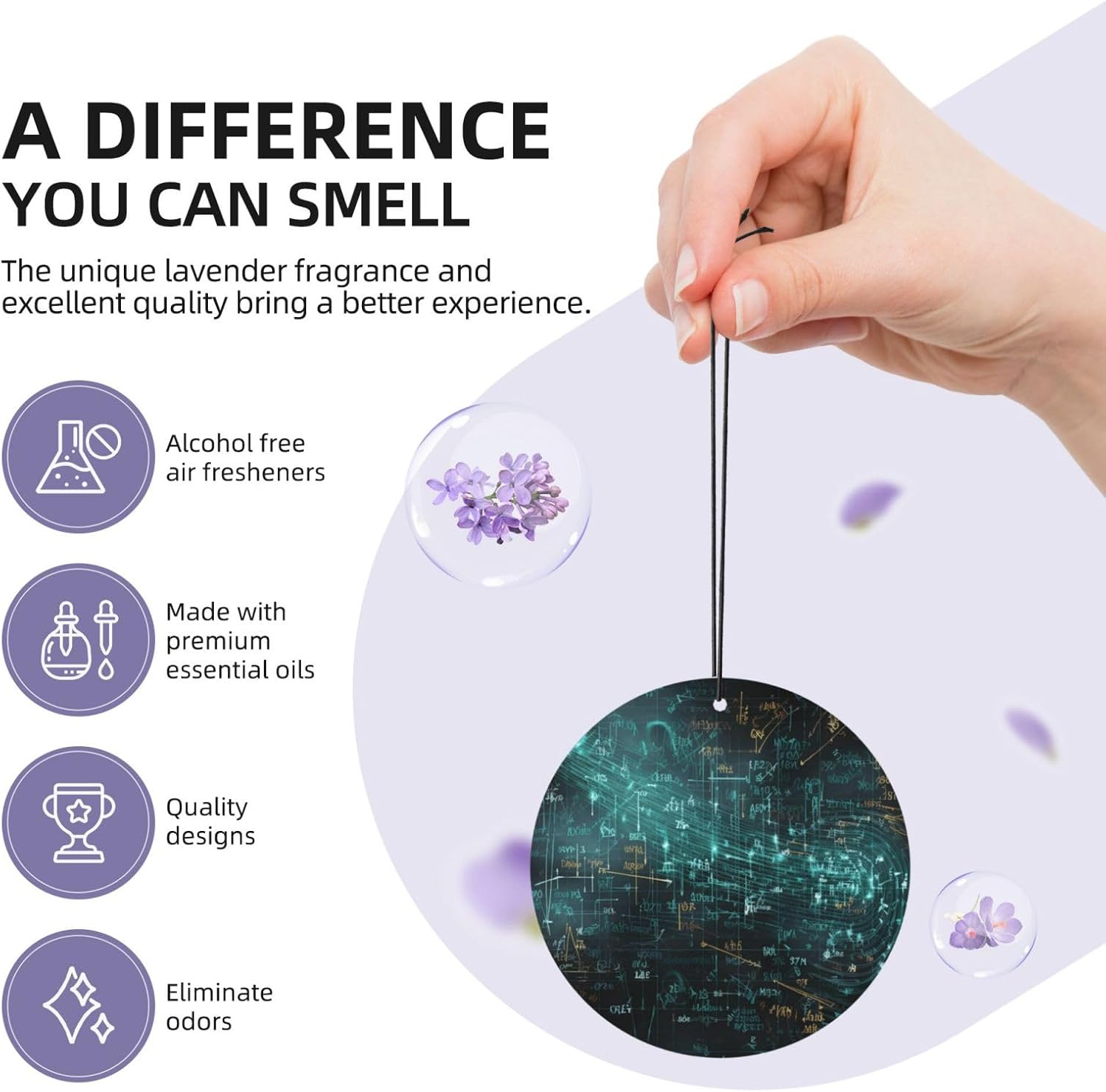 Car Air Freshener 24 PCS Math Formula Hanging Car Air Fresheners Auto Interior Decor Card Freshener Strong Scented Card Lavender Cars Scents for Office Bedroom Close Drawer Round Shape