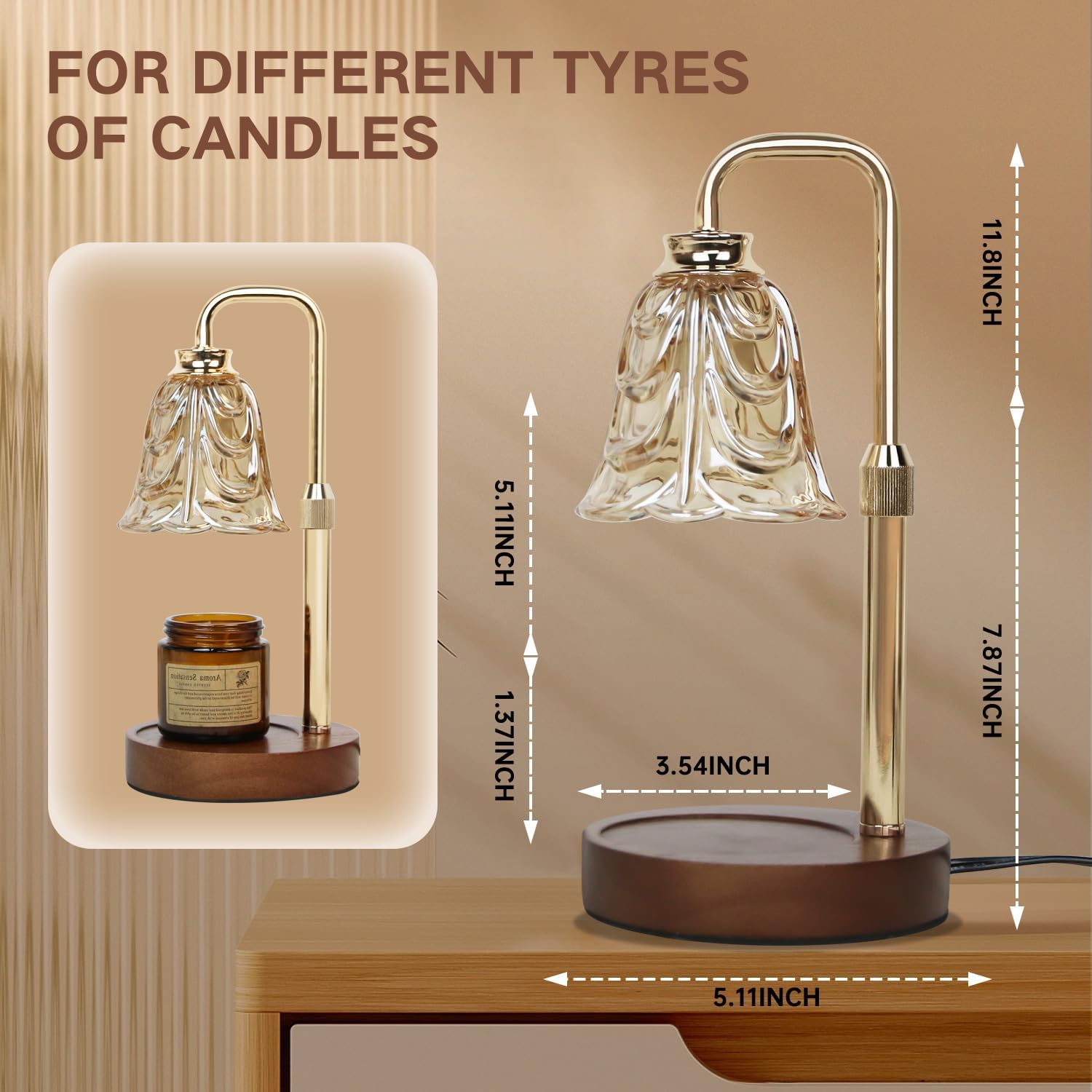 Diagram showing the dimensions of the Droyek Candle Warmer Lamp.