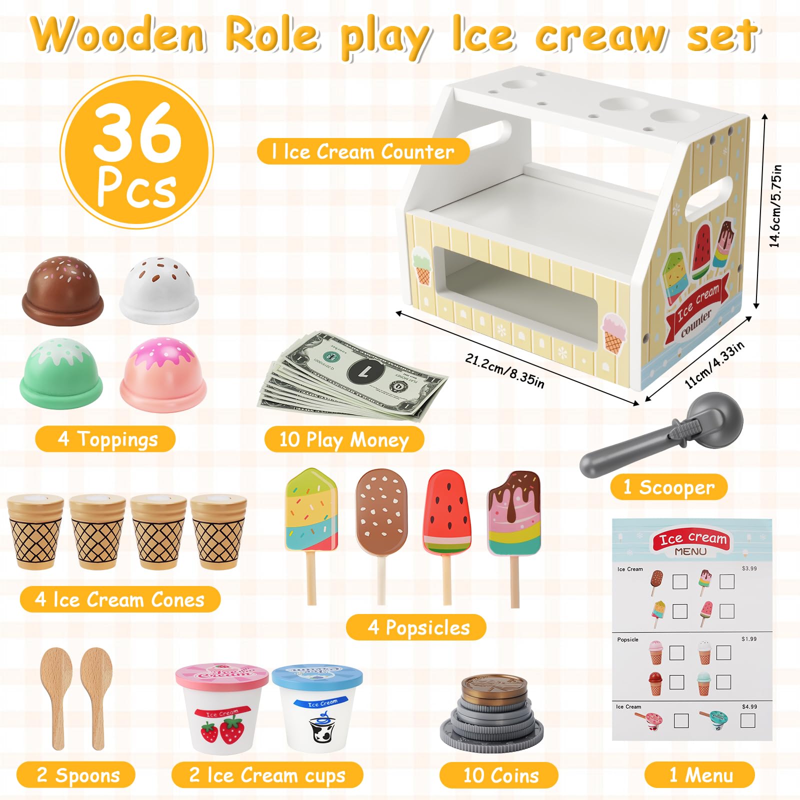 Gelateria Giocattolo per Bambini,Mini Giocattolo per Gelato in Legno,Montessori Gioco di Ruolo Educativo Regalo,Gelateria Giocattoli in Legno per Bambini da 3 4 5 6 Anni Ragazzi Ragazze