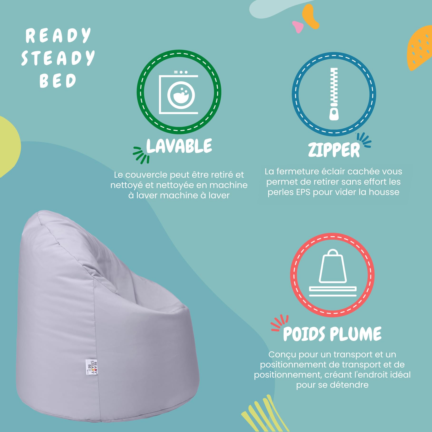 Ready Steady Bed Chaise Bean Bag | Siège BeanBag Confortable pour l'intérieur et l'extérieur | Meuble pour Enfants résistant à l'eau | Conception Ergonomique Durable et Confortable (Argent)
