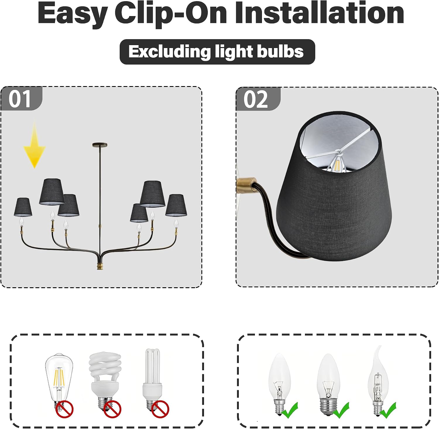 Black Empire Chandelier Shades Set of 6, Clip-On Shades for E12 Bulbs | 3.1" top x 5.9" bottom x 5.1" high fabric covers for chandeliers, wall sconces, and small table lamps