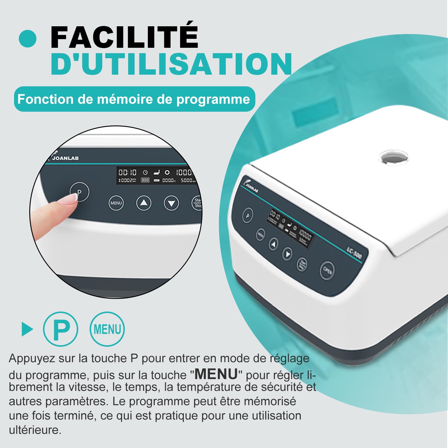 JOANLAB LC500-6 Centrifugeuse de Laboratoire, 500-4000RPM, 2146xg | 9 programmes, écran digital, tubes 2/5/10/15/50ml, arrêt déséquilibre, verrou couvercle, séparation plasma PRP