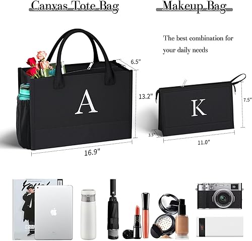 Miniatura 2 de Bolsa de lona negra con inicial y bolsa de maquillaje con correa ajustable con cremallera, bolsa de regalo personalizada para mujeres cumpleaños
