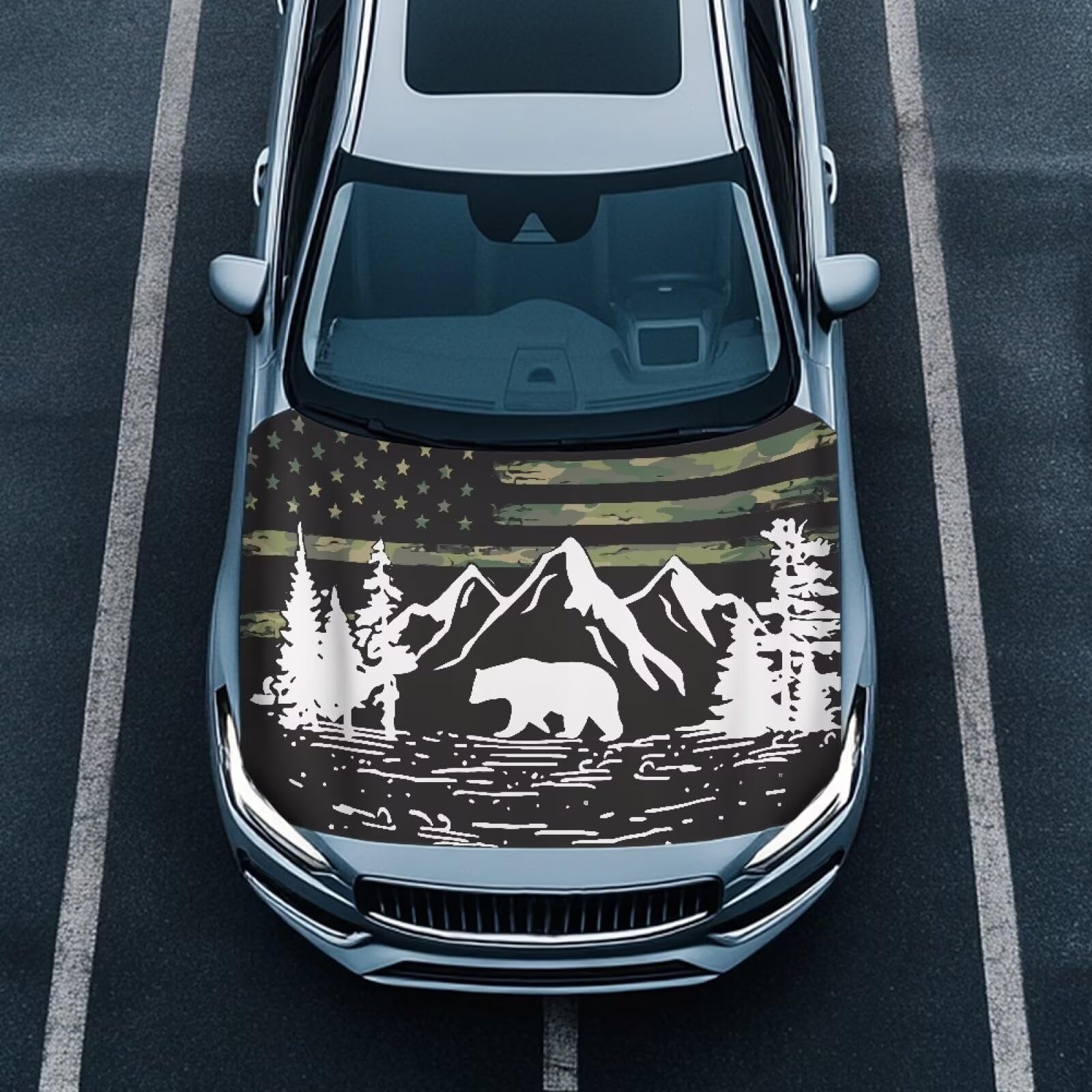 Renewold Car Hood Cover Wrap Auto Hood Protector Decoration Outdoor Hood Blanket Exterior Car Accessories Elastic for Family Friend Mountain Bear Print for Spring Summer Fall Winter