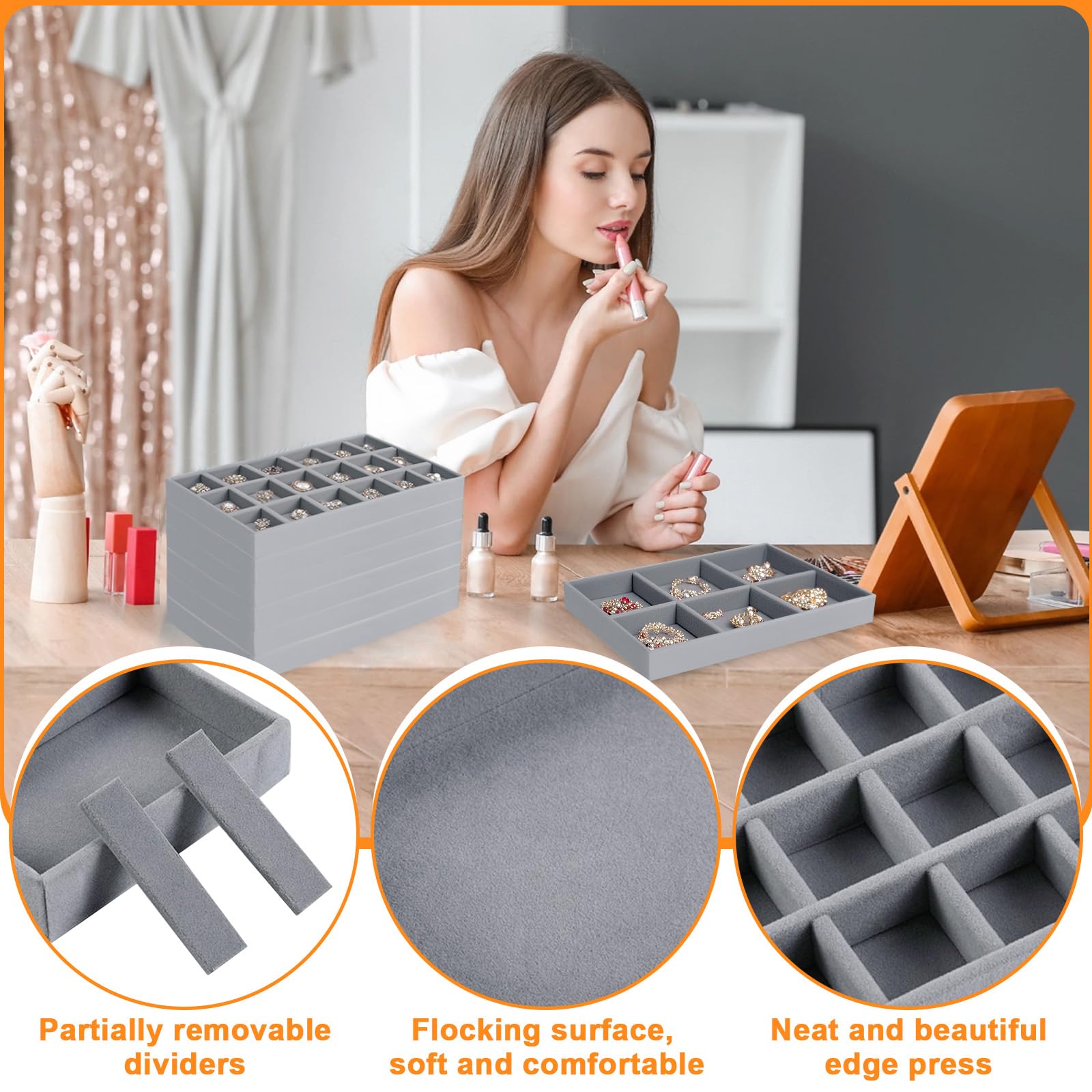 Jortmrd Lot De 6 Plateaux Bijoux En Velours Gris - Organisateur Empilable Pour Bagues, Colliers, Bracelets
