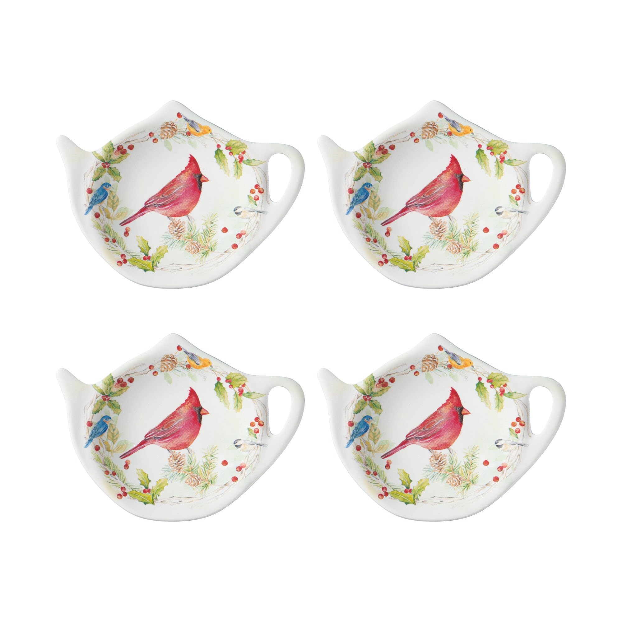 Supreme Housewares Winter Birds Tea Bag Holders, Teapot Shaped Tea Bag Coasters Spoon Rests Saucer Seasoning Dish Set, Christmas Decorations, Multicolor, 4 x 3 Inch, Set of 4