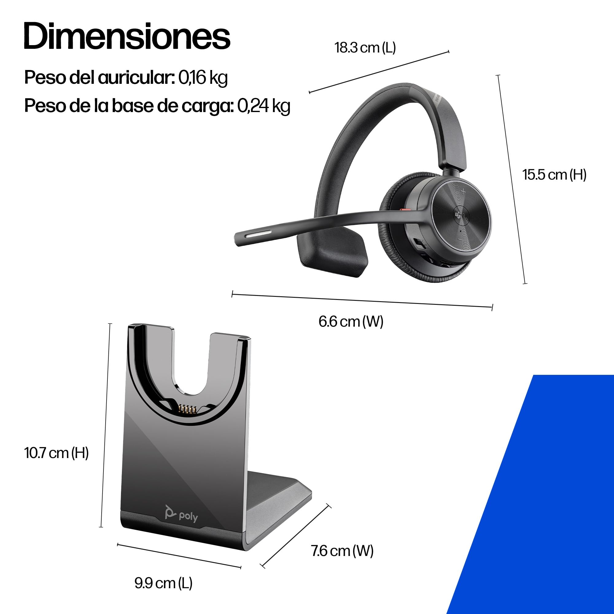Auricular inalámbrico y soporte de carga Poly Voyager 4310 UC - Auricular Bluetooth monoaural con micrófono de brazo con cancelación de ruido - Conéctalo a PC/dispositivo móvil - Teams (certificado)