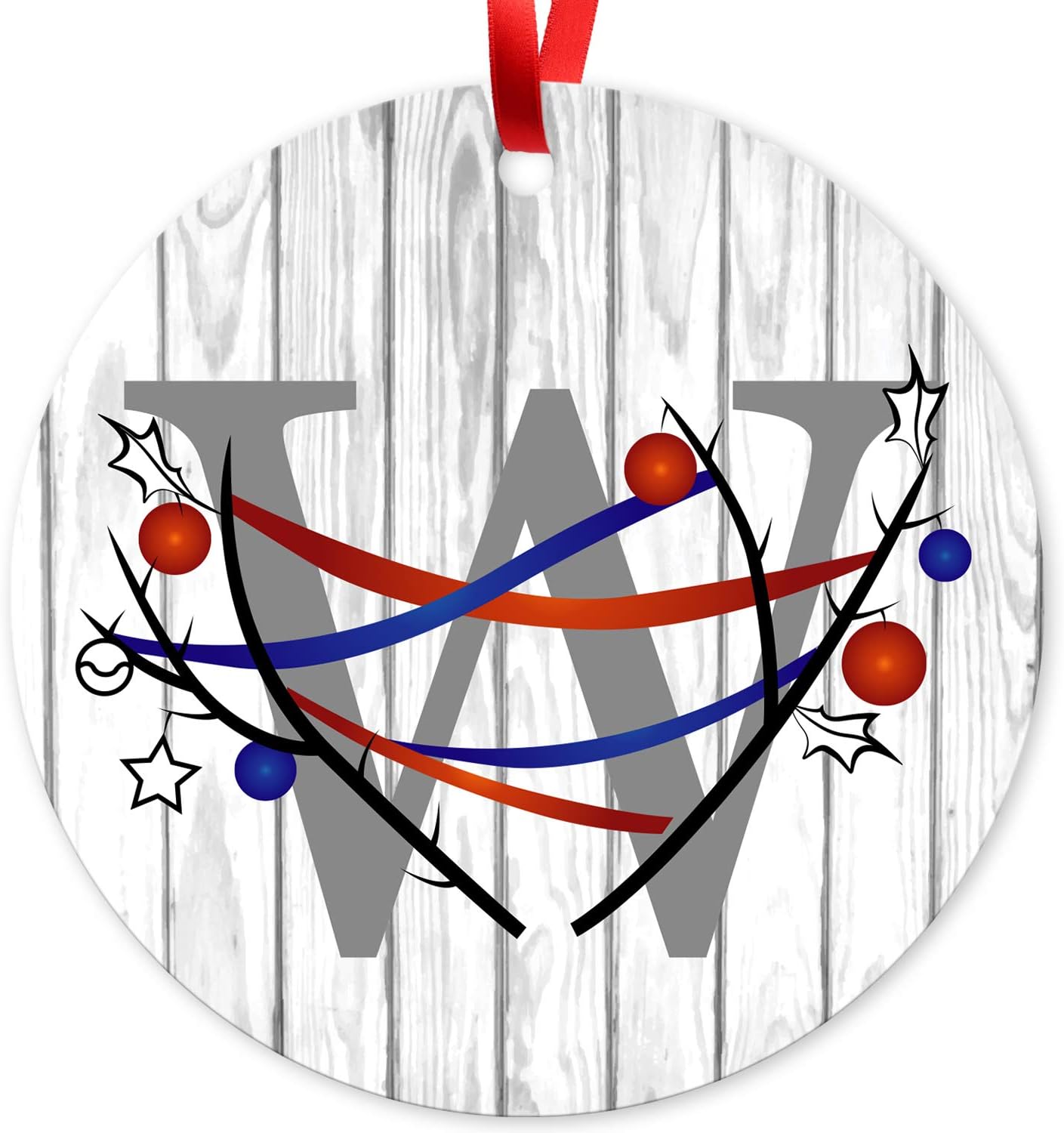 Letter W Monogrammed Metal Christmas Tree Holiday Ornament, Velvet Pouch Included, Large 3.75" Round Metal Ornament