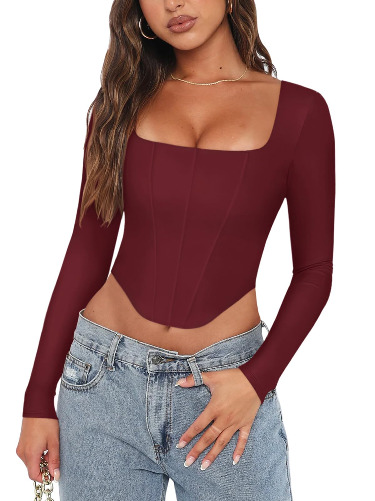 REORIA Womens Trendy Sexy Square Neck Long Sleeve Backless Y2K Going Out Boned Bustier Corset Crop Tops