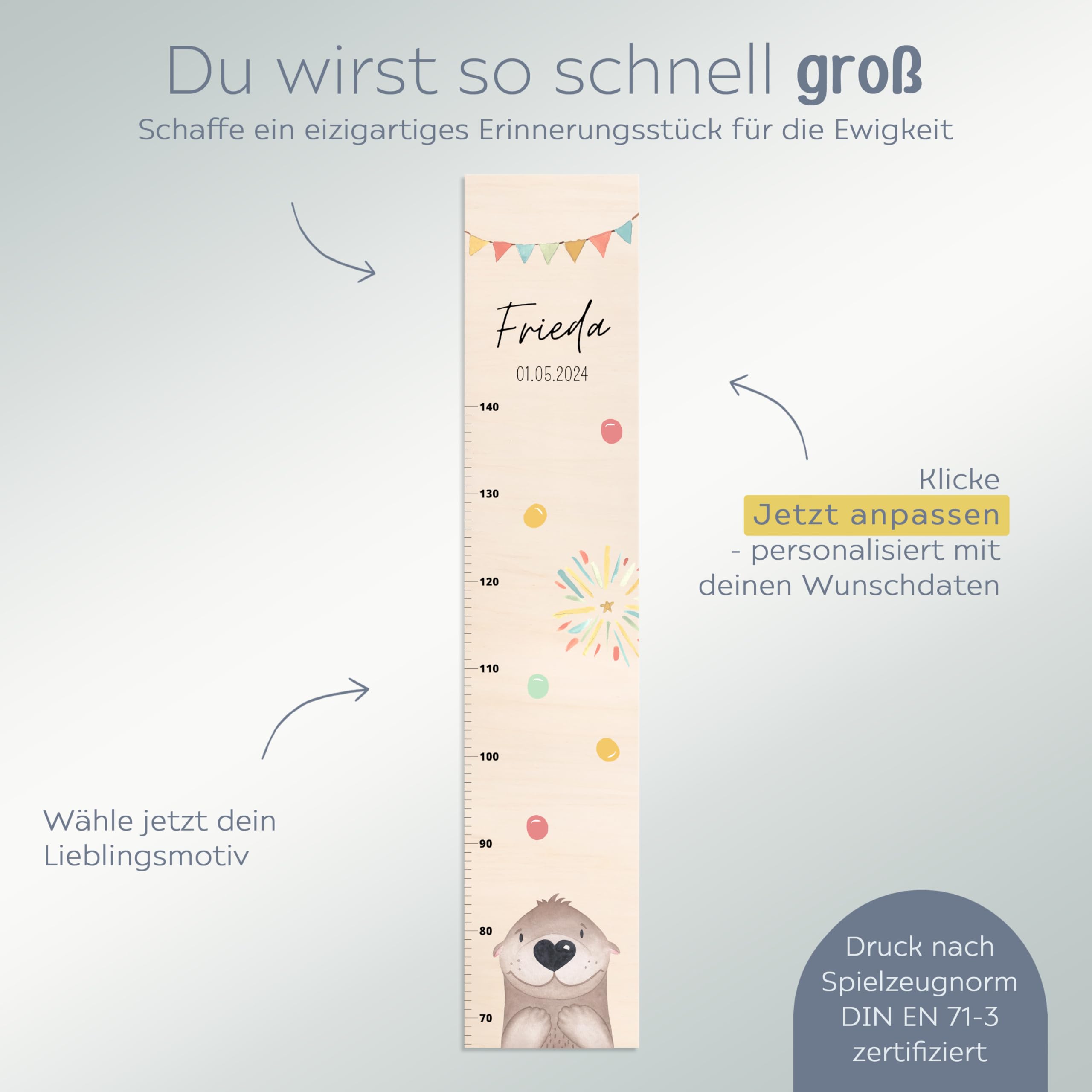 wunderwunsch® - Personalisierte Messlatte Kind Holz zum Kleben oder Aufhängen - Skala 70-140cm - Süße Dekoration für Baby- & Kleinkinderzimmer (Otter)