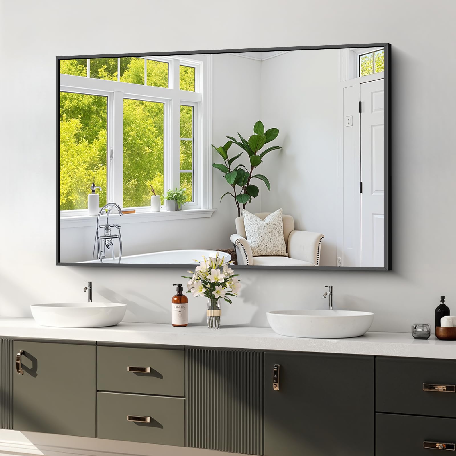 Koonmi Black Framed Bathroom Mirror - Shatterproof 30x48 Tempered Glass HD No Distortion Horizontal Vertical Mount Modern Matte