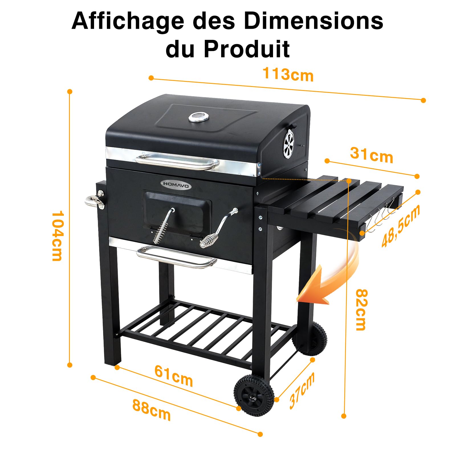 Barbecue Charbon de Bois, Barbecue à Charbon, Gril avec Couvercle, Surface de Cuisson 56×42,5 cm, Bac à Charbon Réglable, Table Latérale Pliante et Housse de Protection Incluse
