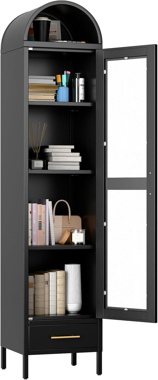 METAN Metal Arched Storage Display Cabinet,1 Glass Door and Bottom 1 Drawer and 3 Adjustable Shelf Storage,Arched Bookshelf with Door,Pantry Cabinet for Living Room, Kitchen,Assembly Required,Black
